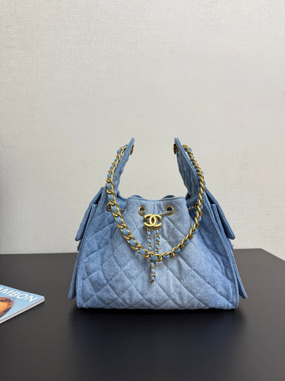 Denim Light Blue Bucket Drawstring Bag