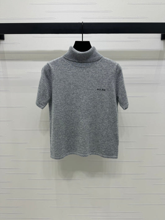 2025 early autumn new high collar knitted short sleeves