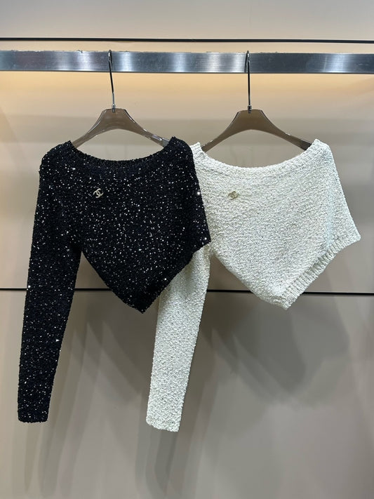 25 Early Autumn New Oblique Shoulder Beaded Blended Yarn Long Sleeve