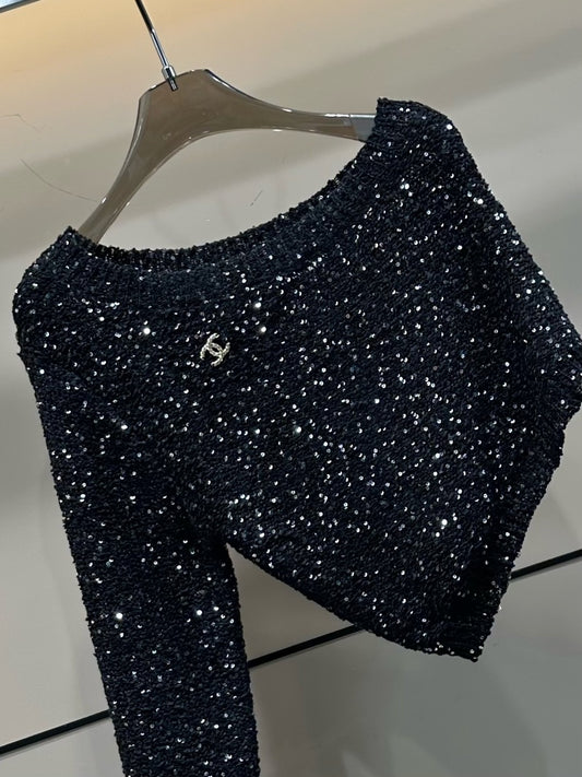 25 Early Autumn New Oblique Shoulder Beaded Blended Yarn Long Sleeve
