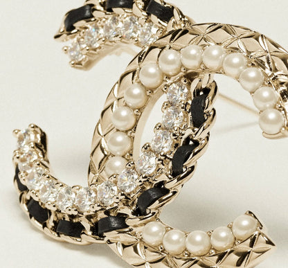 Brooch Gold Metal Crystal Pearl and Leather