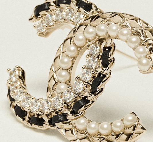 Brooch Gold Metal Crystal Pearl and Leather