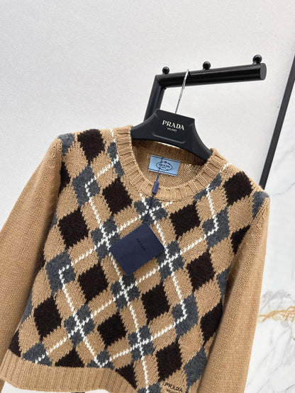 25 College style diamond plaid long sleeved sweater