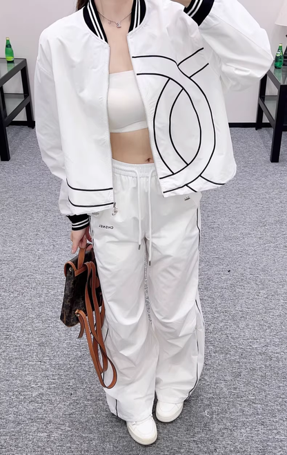 Casual baseball jacket and trousers set.
