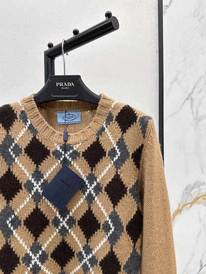 25 College style diamond plaid long sleeved sweater