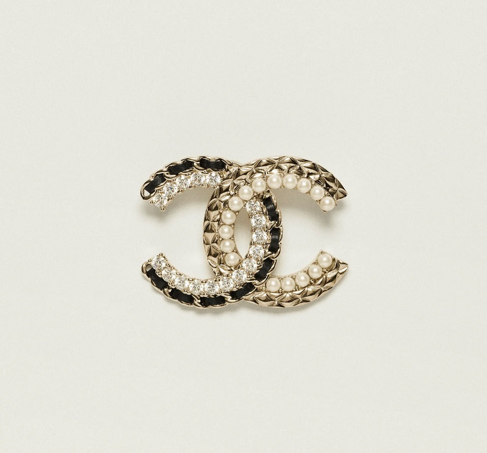 Brooch Gold Metal Crystal Pearl and Leather
