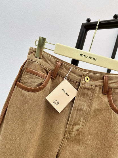 25Brown leather trim slim pants