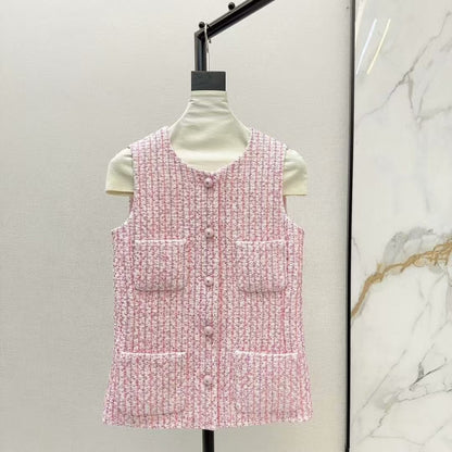 Classic Round-Neck Tweed Vest Jacket