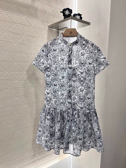 25 Spring/Summer New Style Butterfly Print Pleated Short Sleeve Dress