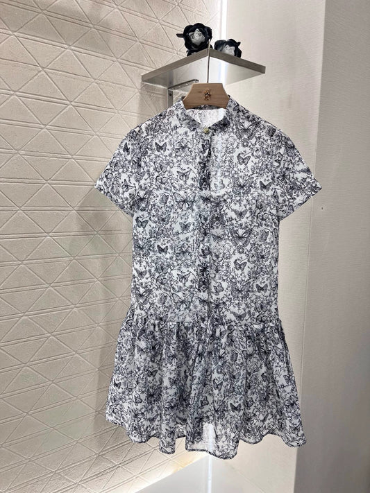25 Spring/Summer New Style Butterfly Print Pleated Short Sleeve Dress