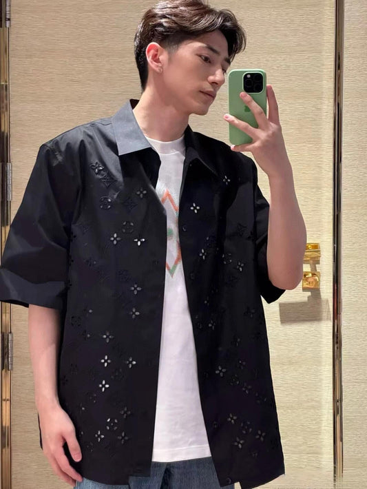 25ss floral hollow embroidery short sleeved shirt