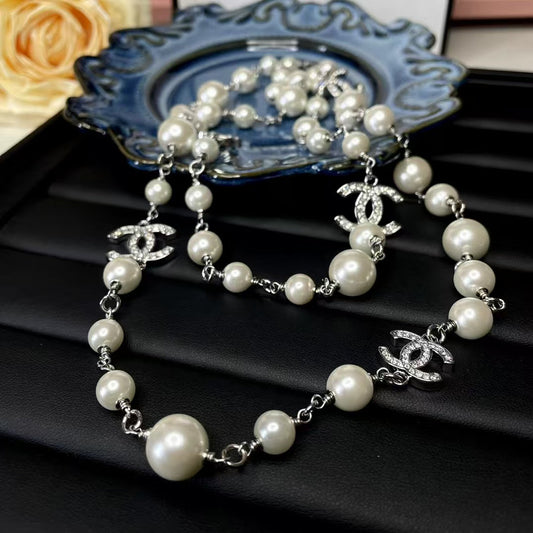 Pearl Silver Hardware Long Necklace 65cm with Crystals