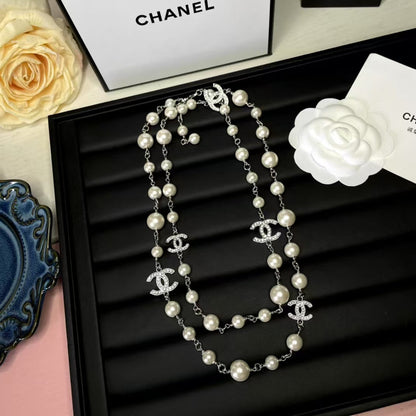 Pearl Silver Hardware Long Necklace 65cm with Crystals