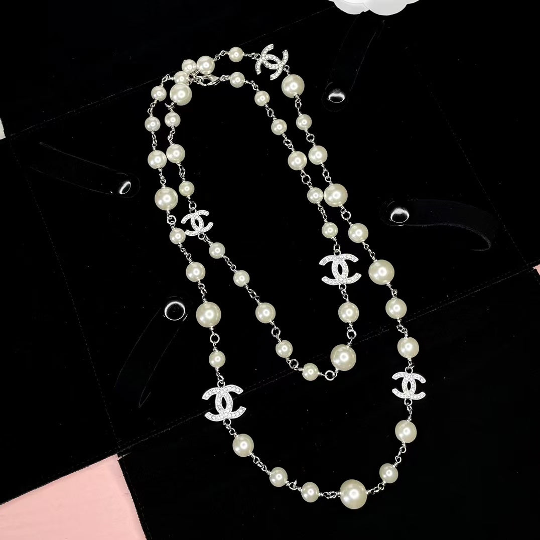 Pearl Silver Hardware Long Necklace 65cm with Crystals