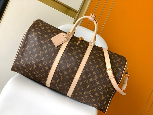 Keepall Bandouliere 55 Monogram Canvas Brown Gold Hardware