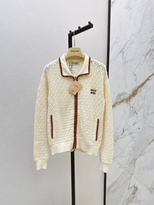 Lapel Openwork Zip-Up Knit Jacket