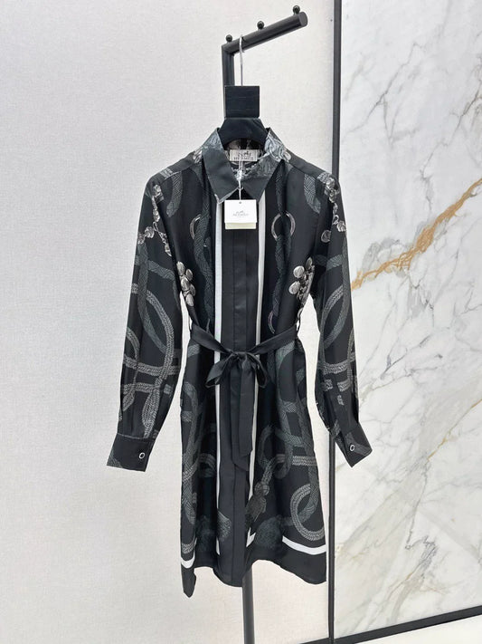 25fw Pattern positioning printed shirt collar dress