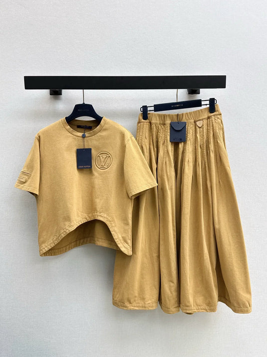 2025 Round neck distressed irregular short sleeved skirt set