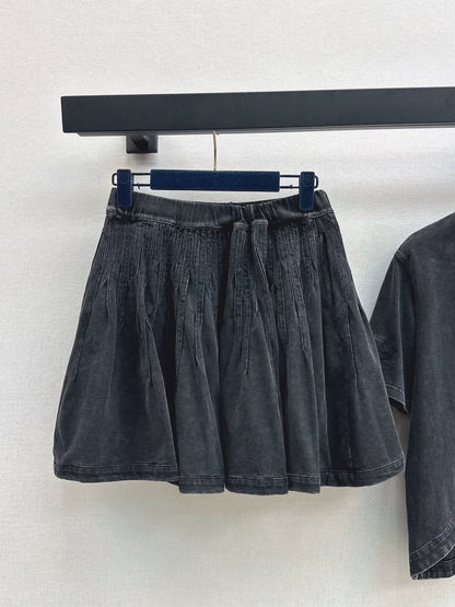 2025 Round neck distressed irregular short sleeved skirt set