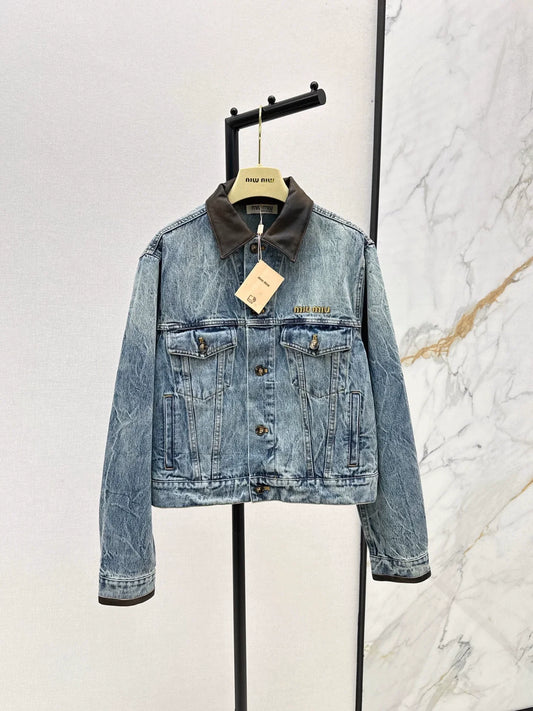 2025 Make a vintage leather collar denim jacket jacket