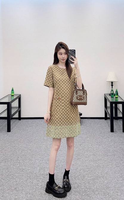 25fw Hot stamping jacquard short sleeved dress