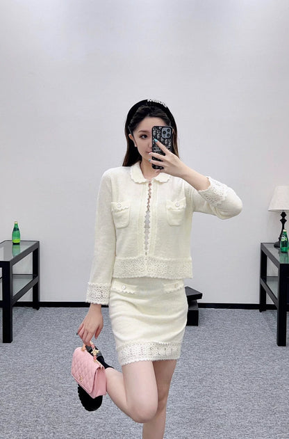 C 25 Crochet Lace Knit Cardigan Skirt Set