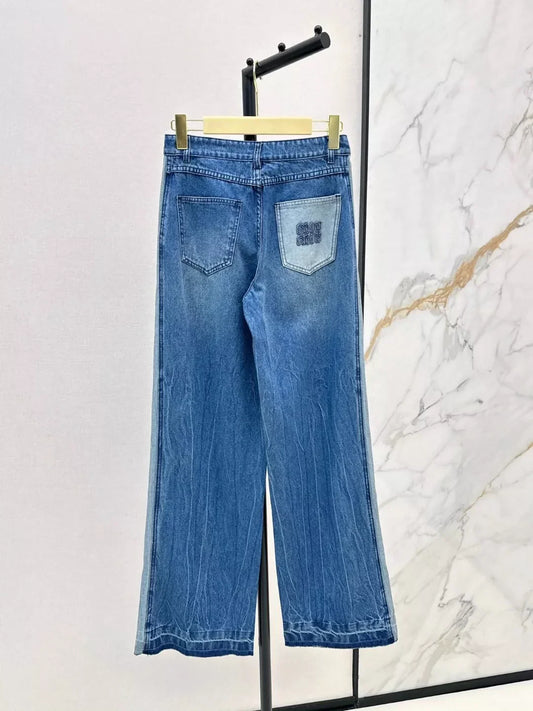 25fw Color blocked denim straight leg pants