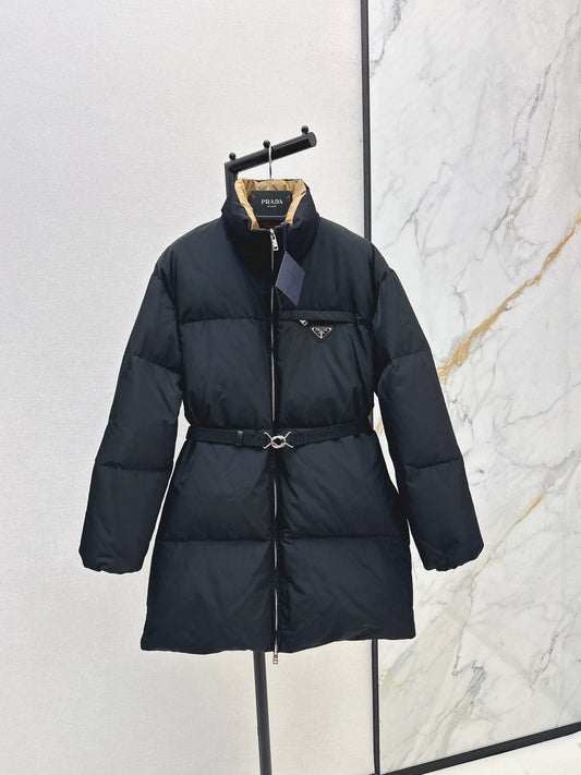 25fw Triangular decoration stand collar mid length down jacket