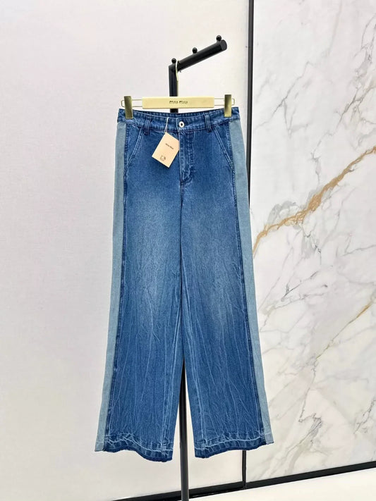 25fw Color blocked denim straight leg pants