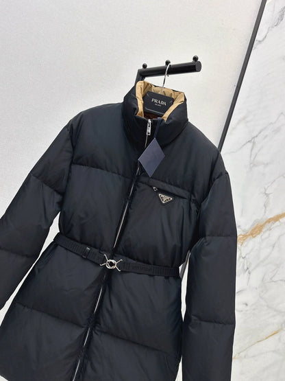 25fw Triangular decoration stand collar mid length down jacket
