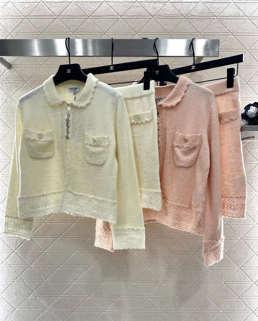 C 25 Crochet Lace Knit Cardigan Skirt Set