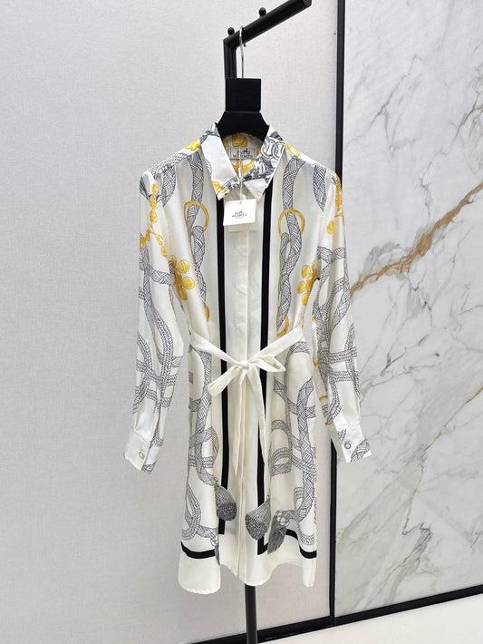 25fw Pattern positioning printed shirt collar dress