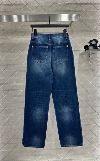 2025 High waisted white pleated denim pants