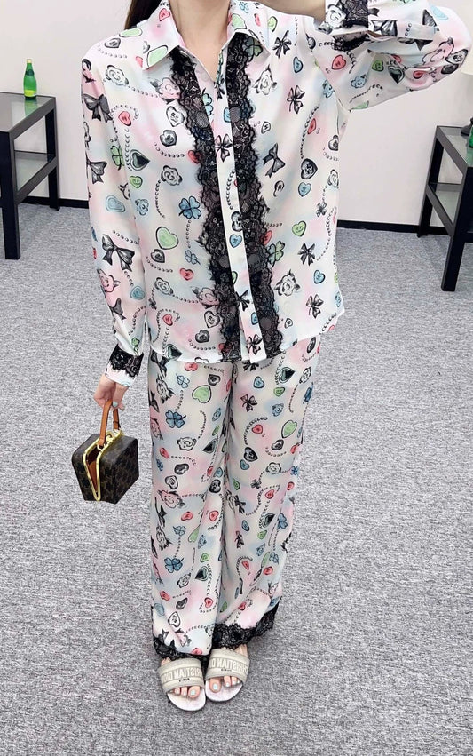 C 25 Reactive Print Lace Shirt and Pant Set