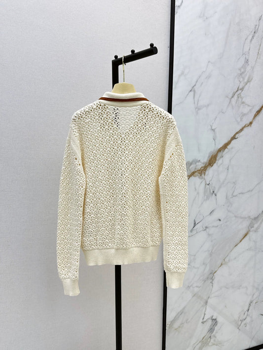 Lapel Openwork Zip-Up Knit Jacket