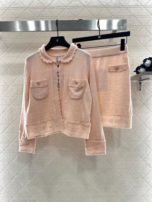 C 25 Crochet Lace Knit Cardigan Skirt Set
