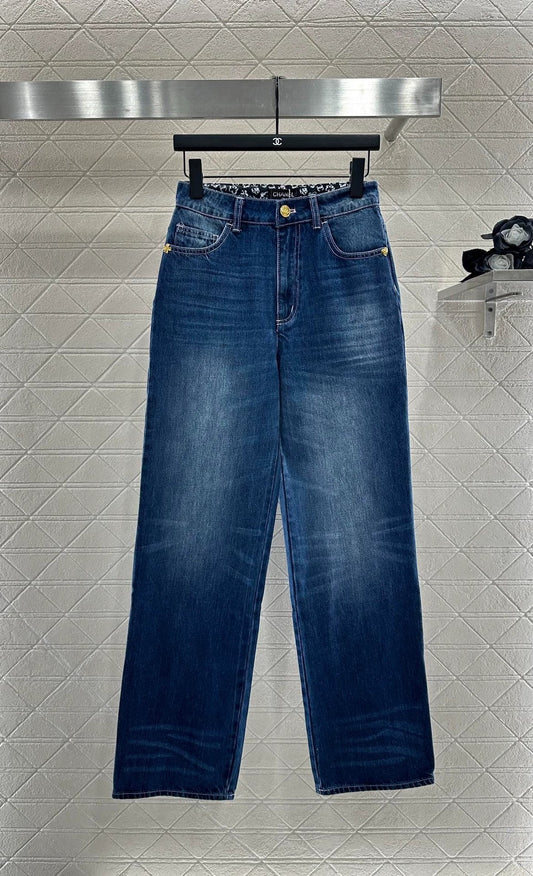 2025 High waisted white pleated denim pants