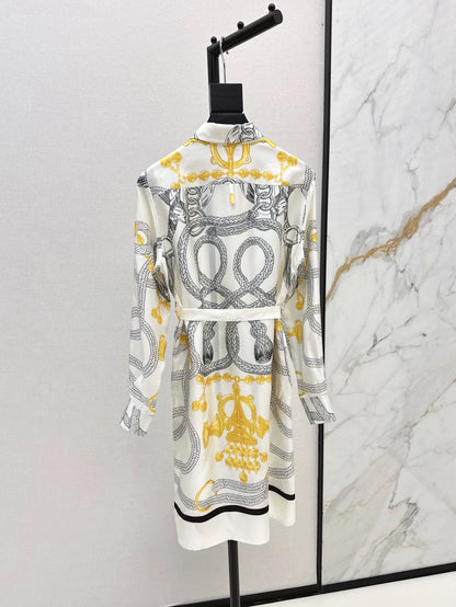 25fw Pattern positioning printed shirt collar dress