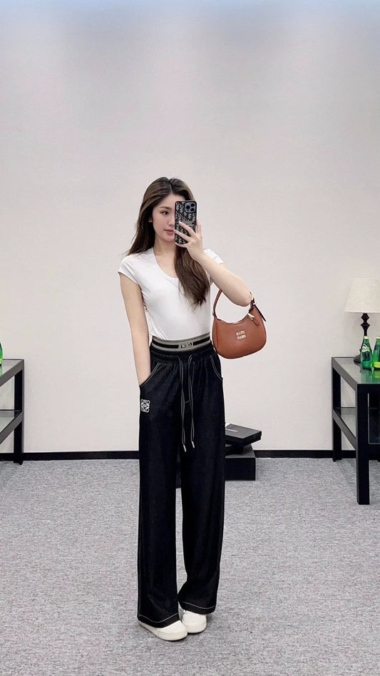 2025 Wide leg straight leg drawstring pants