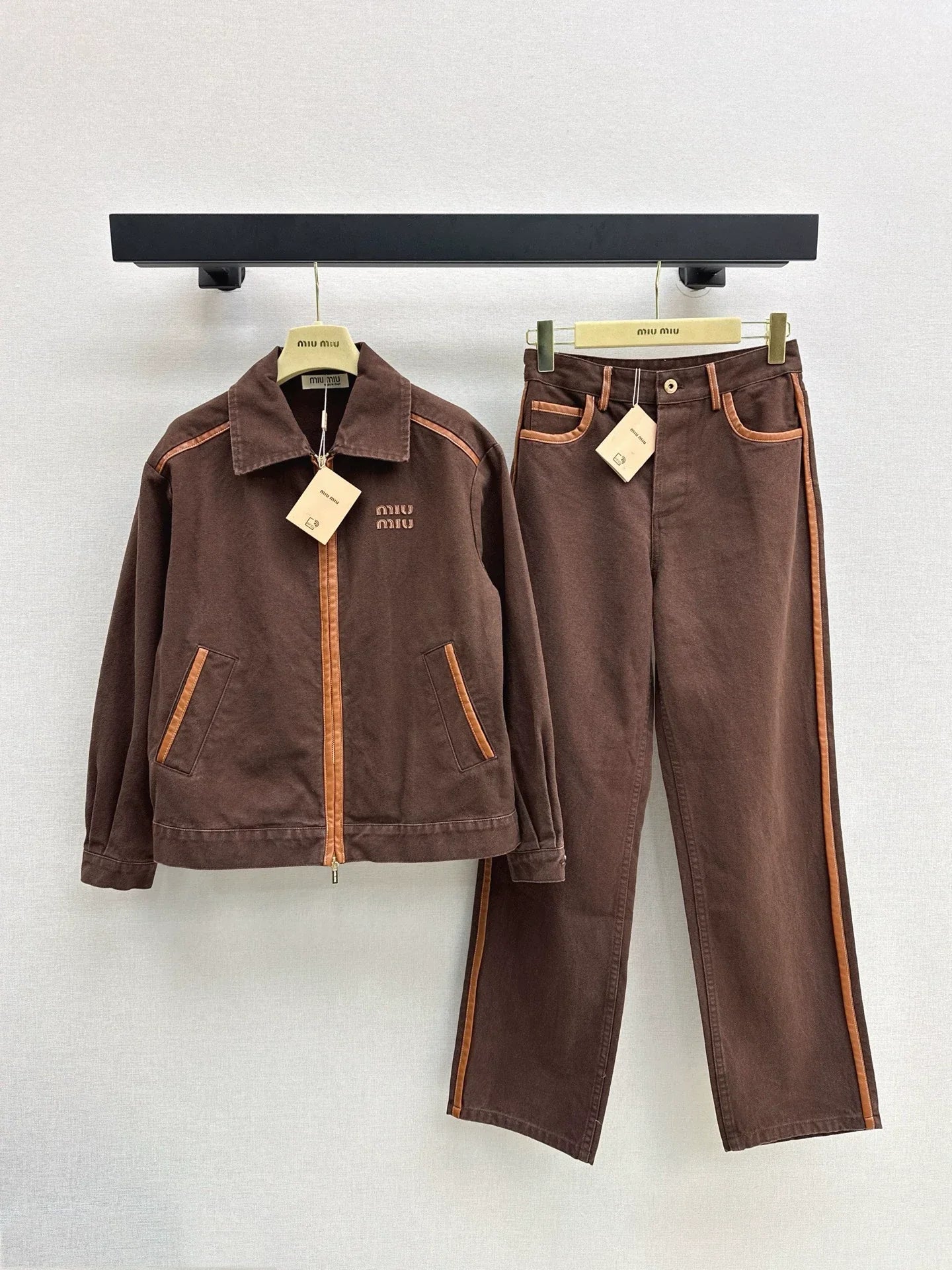 25 Spliced leather decorative denim off shoulder jacket jacket+pants