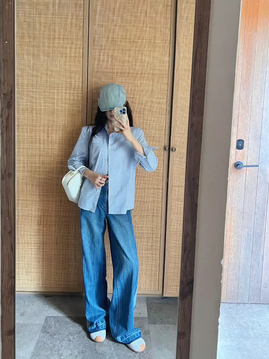 25fw Color blocked denim straight leg pants