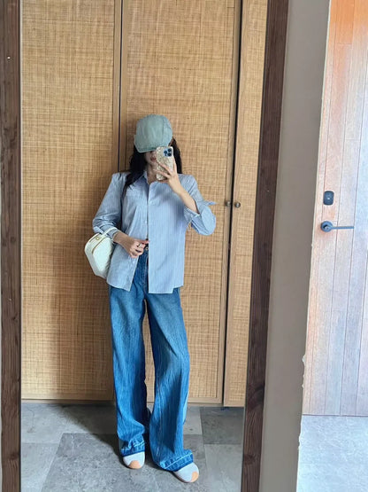 25fw Color blocked denim straight leg pants