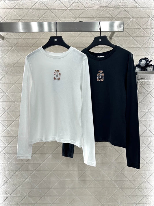 C 25 Rhinestone Beaded Perfume Bottle Crew Neck Bottoming Shirt