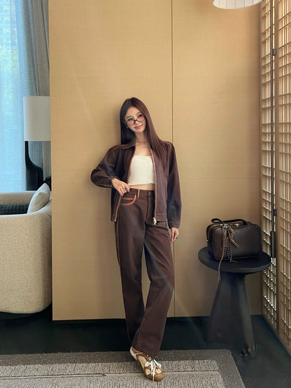 25 Spliced leather decorative denim off shoulder jacket jacket+pants