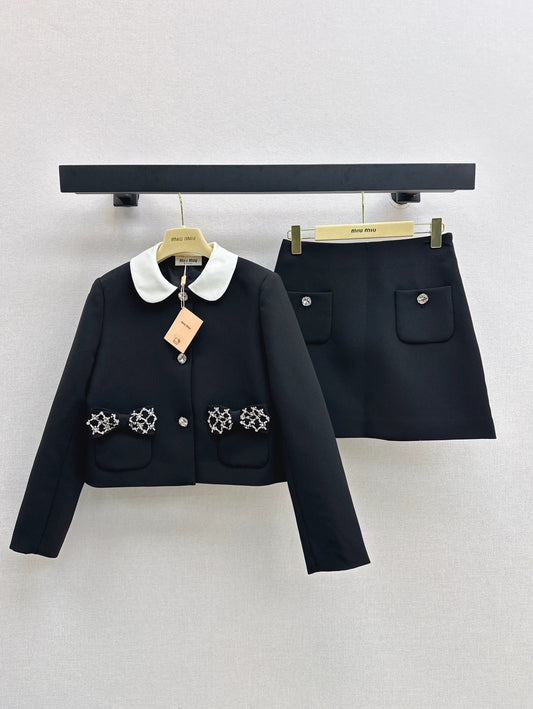 25fw Bow decoration pocket lapel jacket+skirt