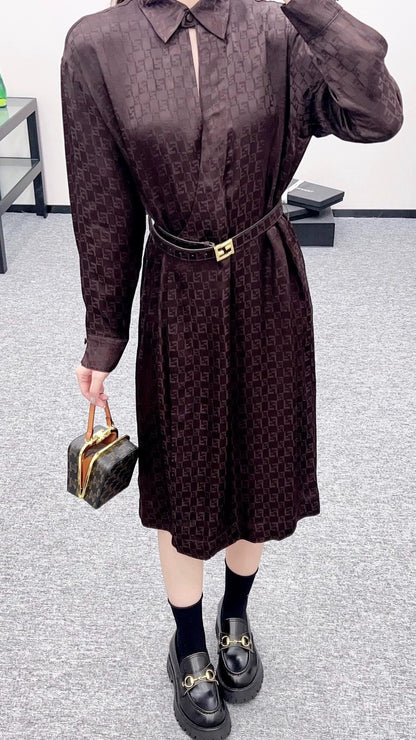 25 Jacquard cross collar waistband dress