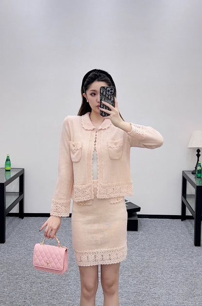 C 25 Crochet Lace Knit Cardigan Skirt Set