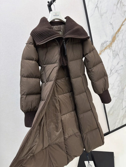 25 Knitted splicing large lapel umbrella shaped long down jacket