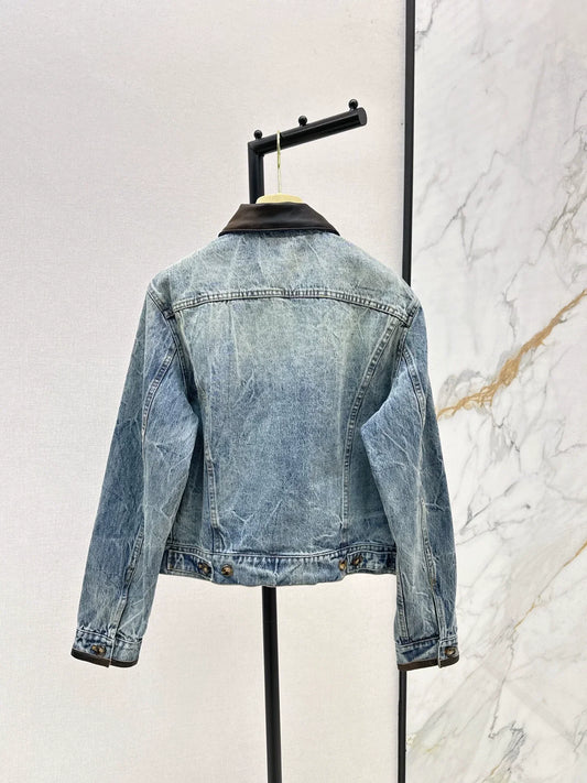 2025 Make a vintage leather collar denim jacket jacket
