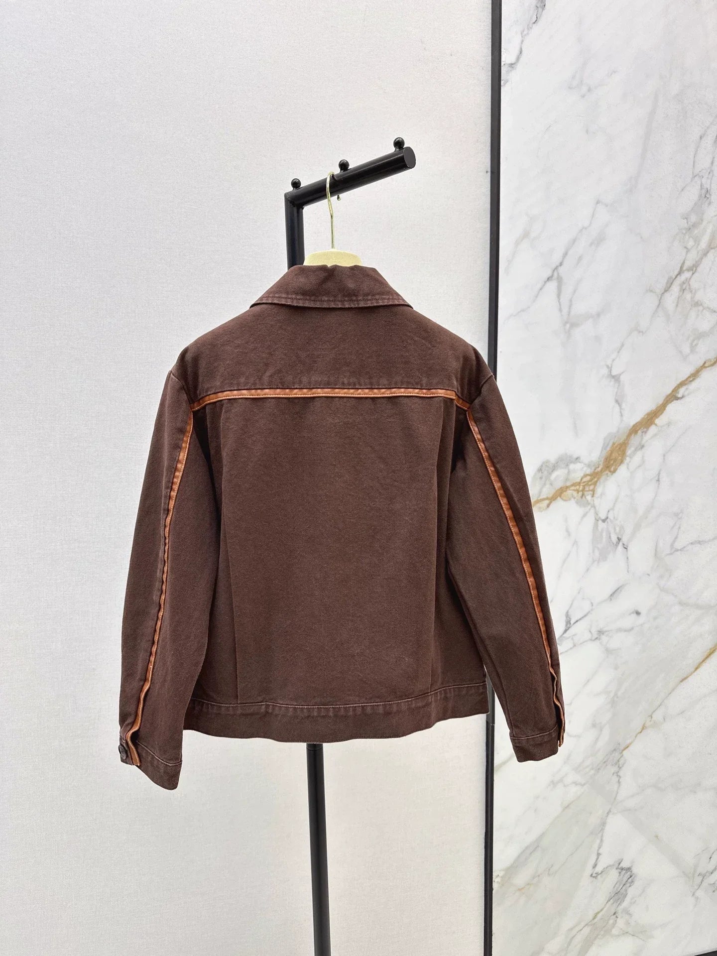 25 Spliced leather decorative denim off shoulder jacket jacket+pants